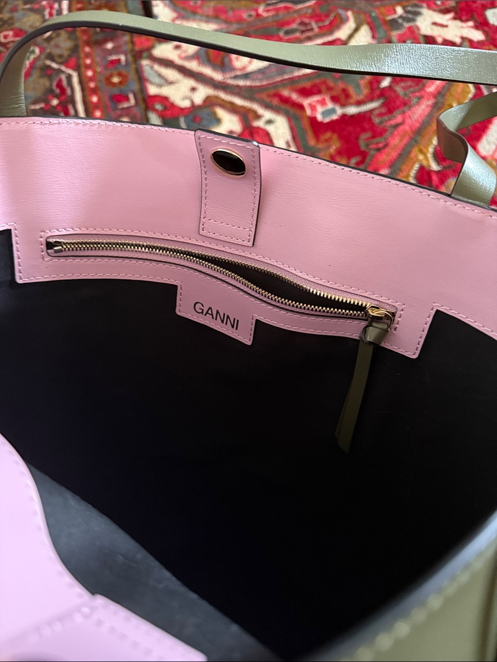 Ganni Olive Leather Embossed Logo Tote - Picture 2 of 3
